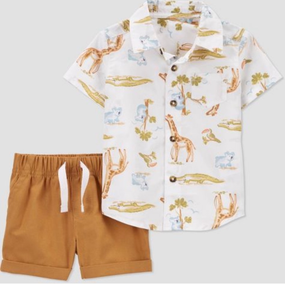 Kids Safari Print Shirt and Brown Shorts Set
